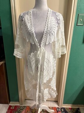 Forgotten Grace White Crochet Sheer Lace Duster Kimono